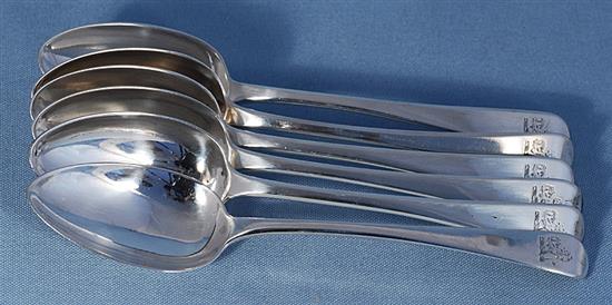 A set of six George III silver Old English pattern table spoons, Length 217 mm, weight 13.6oz/423 grms